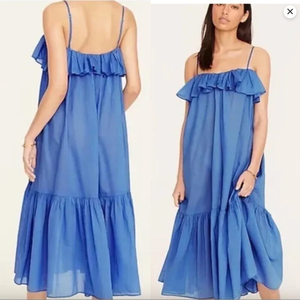 NWT J. Crew Spaghetti Strap Ruffle Dress Retro Blue Lightweight Women's Small